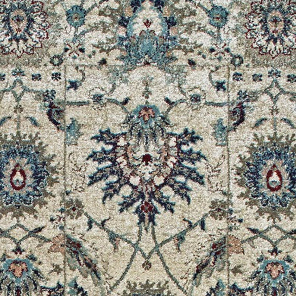 Homeroots 5' Ivory Oriental Area Rug With Navy Blue And Brown Accents – Stain Resistant For Stylish Homes 8' Runner Polypropylene 575838