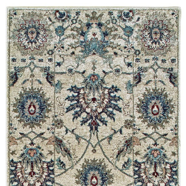 Homeroots 5' Ivory Oriental Area Rug With Navy Blue And Brown Accents – Stain Resistant For Stylish Homes 8' Runner Polypropylene 575838