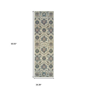 Homeroots 5' Ivory Oriental Area Rug With Navy Blue And Brown Accents – Stain Resistant For Stylish Homes 8' Runner Polypropylene 575838