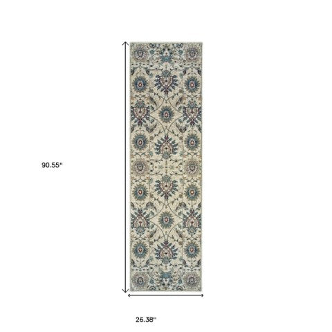 Homeroots 5' Ivory Oriental Area Rug With Navy Blue And Brown Accents – Stain Resistant For Stylish Homes 8' Runner Polypropylene 575838