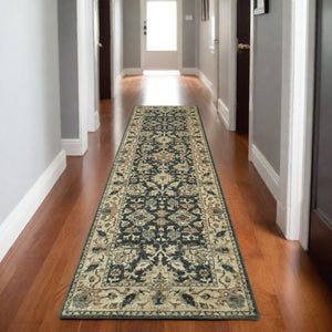 Homeroots 4' Navy Blue Oriental Area Rug - Stain Resistant, Stylish Design For Pets And Kids, Perfect For Any Room 8' Runner Polypropylene 575843