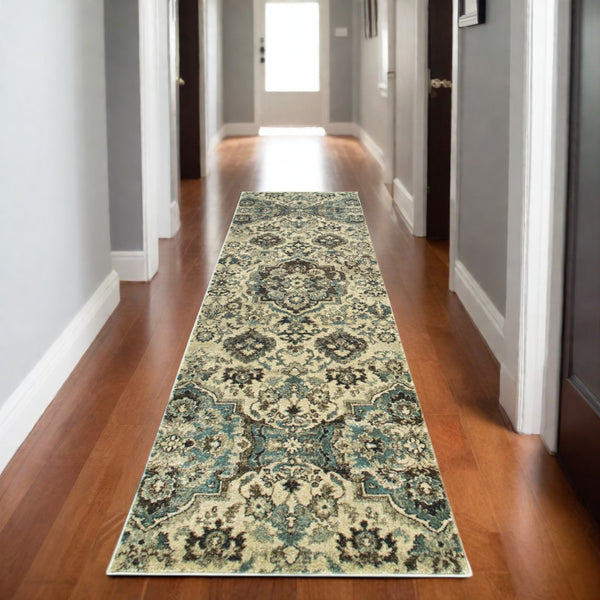 Homeroots 5' Ivory Oriental Area Rug - Elegant Design, Stain Resistant, Perfect For Living Rooms & Kids' Spaces 8' Runner Polypropylene 575844