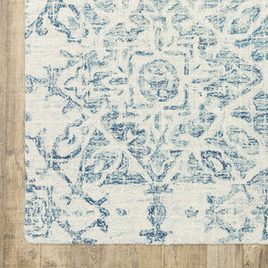 HomeRoots 5' Luxurious Blue and Ivory Hand-Tufted Wool Geometric Area Rug for Modern Home Elegance 8' Runner 575870