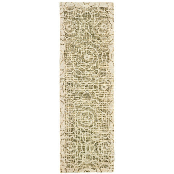 HomeRoots 5' Modern Geometric Hand-Tufted Wool Area Rug in Green and Ivory for Stylish Home Décor 8' Runner 575872