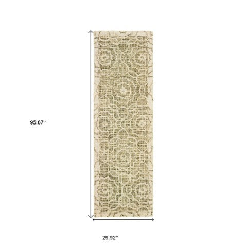Homeroots 5' Green Wool Geometric Hand-tufted Area Rug - Elevate Your Space With Artful Style & Sophistication 8' Runner Wool 575872