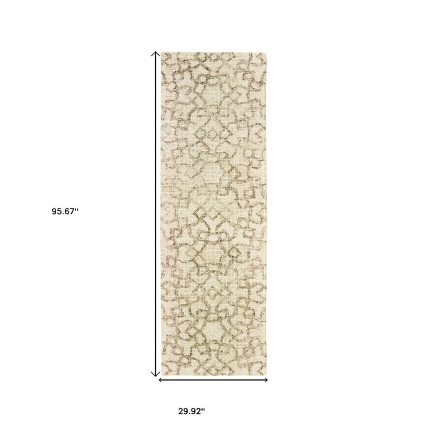 HomeRoots 5' Hand-Tufted Wool Area Rug in Tan and Ivory - Elegant Geometric Design for Any Living Space 8' Runner 575874