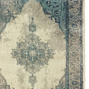 Homeroots 5' Captivating Ivory And Blue Oriental Area Rug – Stylish, Stain-resistant, Perfect For Any Decor 8' Runner Polypropylene 575877