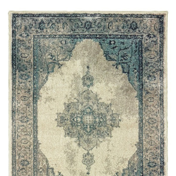 Homeroots 5' Captivating Ivory And Blue Oriental Area Rug – Stylish, Stain-resistant, Perfect For Any Decor 8' Runner Polypropylene 575877