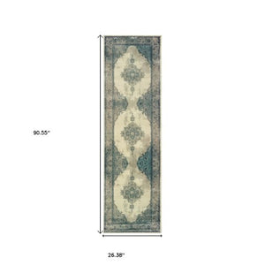 Homeroots 5' Captivating Ivory And Blue Oriental Area Rug – Stylish, Stain-resistant, Perfect For Any Decor 8' Runner Polypropylene 575877