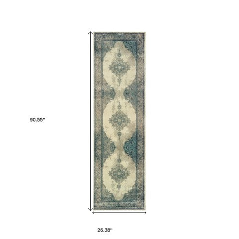 Homeroots 5' Captivating Ivory And Blue Oriental Area Rug – Stylish, Stain-resistant, Perfect For Any Decor 8' Runner Polypropylene 575877
