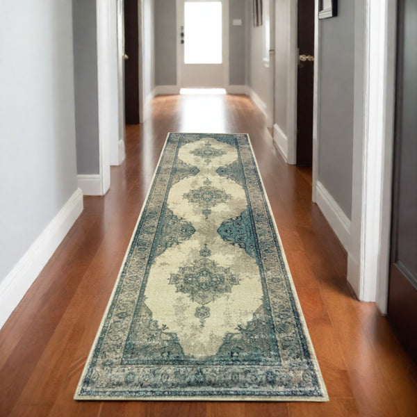 Homeroots 5' Captivating Ivory And Blue Oriental Area Rug – Stylish, Stain-resistant, Perfect For Any Decor 8' Runner Polypropylene 575877