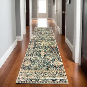 Homeroots 5' Blue Geometric Power Loom Area Rug - Stain Resistant, Stylish Design For Homes With Kids & Pets 8' Runner Polypropylene 575878