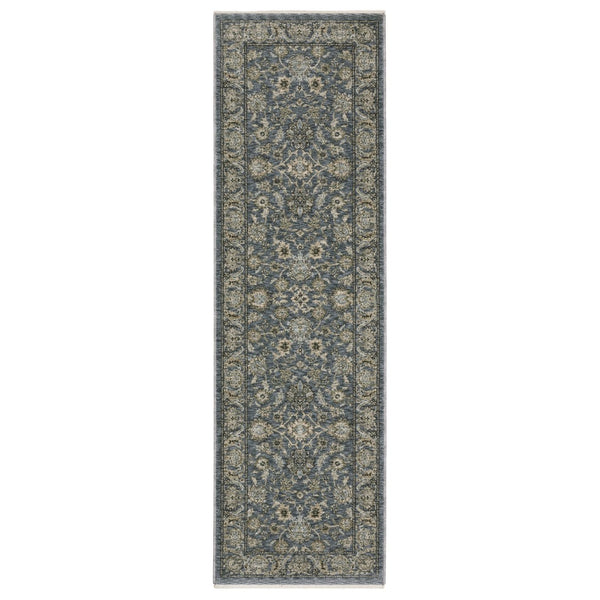 HomeRoots 5' Elegant Beige-Blue Oriental Area Rug with Fringe – Stain-Resistant, Durable, Stylish Design 8' Runner 575881