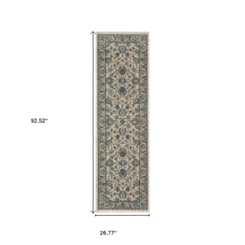 Homeroots 5' Elegant Beige And Blue Oriental Area Rug With Fringe - Stain Resistant And Timeless Design 8' Runner Polyester 575882