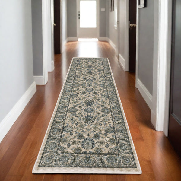 Homeroots 5' Elegant Beige And Blue Oriental Area Rug With Fringe - Stain Resistant And Timeless Design 8' Runner Polyester 575882