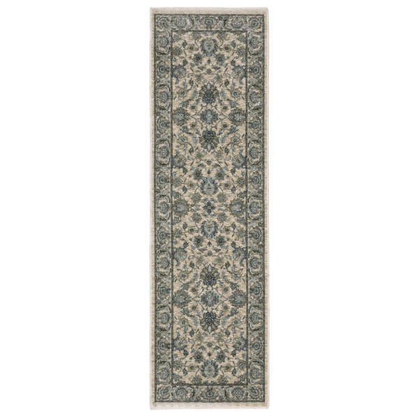 HomeRoots 5' Elegant Beige-Blue Oriental Area Rug with Fringe – Stain-Resistant, Durable, Stylish Design 8' Runner 575882