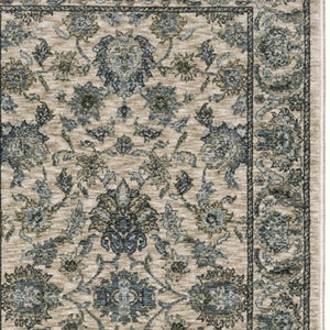 Homeroots 5' Elegant Beige And Blue Oriental Area Rug With Fringe - Stain Resistant And Timeless Design 8' Runner Polyester 575882
