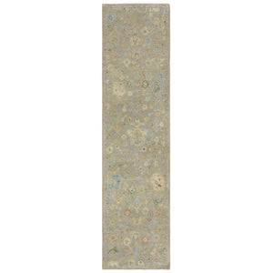 HomeRoots 2' Hand-Knotted Wool Oriental Area Rug in Gray-Blue & Yellow with Timeless Fringe for Elegance 10' Runner 575895