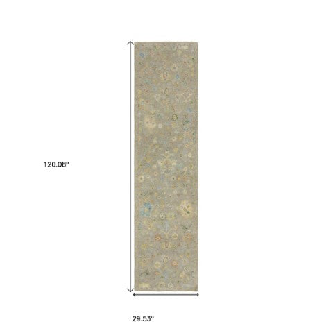 Homeroots 2' Hand Knotted Gray Blue And Yellow Wool Oriental Area Rug With Stylish Fringe For Home Decor 10' Runner Wool 575895