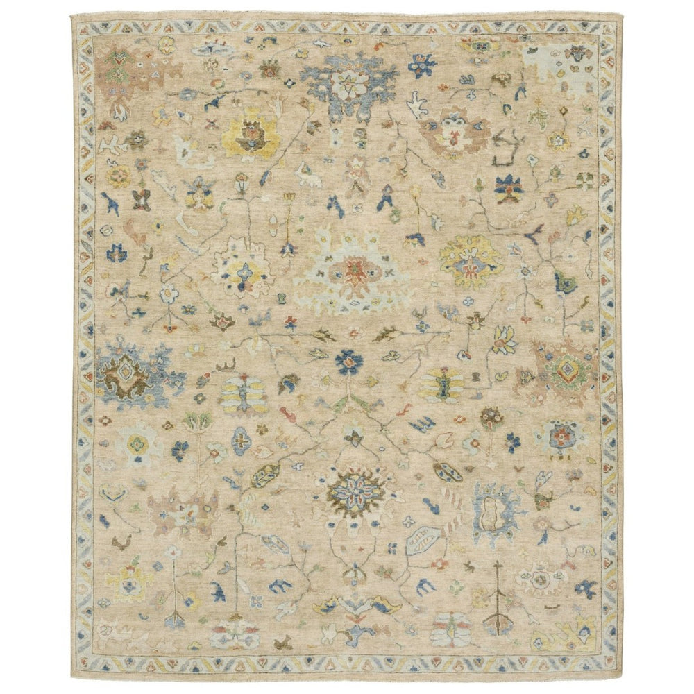 HomeRoots 2' Hand-Knotted Wool Oriental Area Rug in Beige with Blue and Yellow Accents - Timeless Elegance 6' X 9' 575896