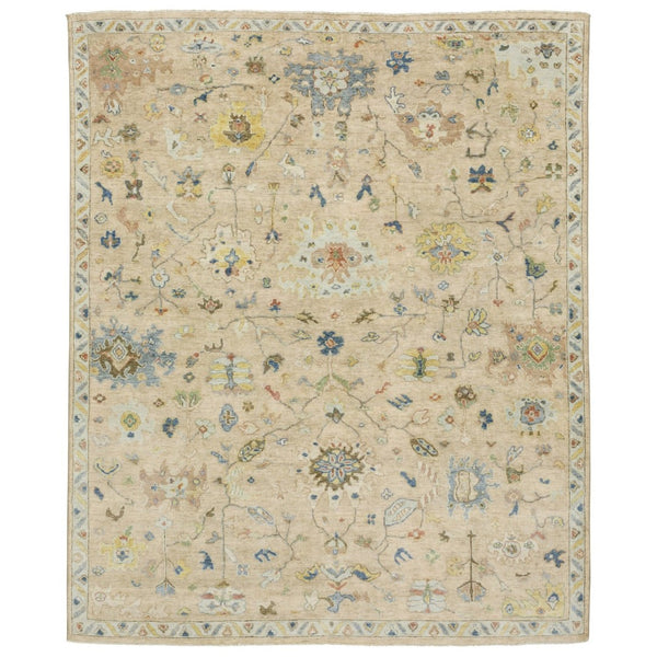 HomeRoots 2' Hand-Knotted Wool Oriental Area Rug in Beige with Blue and Yellow Accents - Timeless Elegance 6' X 9' 575896