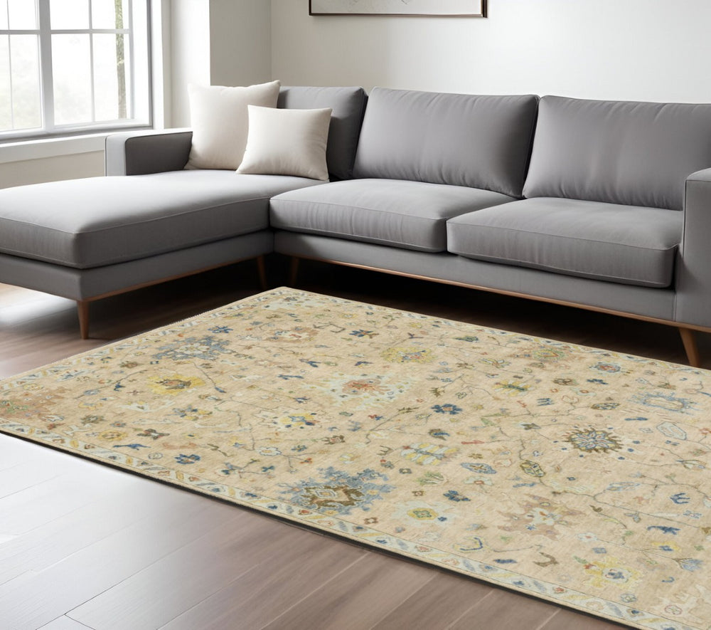 HomeRoots 2' Hand-Knotted Wool Oriental Area Rug in Beige with Blue and Yellow Accents - Timeless Elegance 6' X 9' 575896