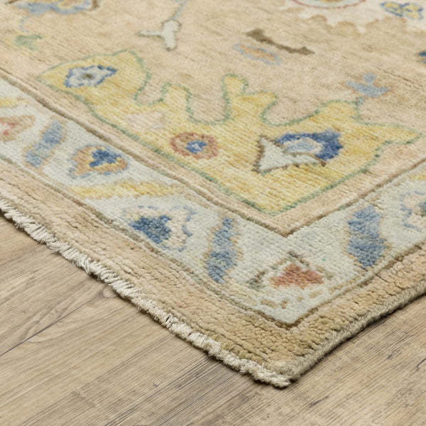 Homeroots 2' Beige Blue And Yellow Hand Knotted Wool Oriental Area Rug With Elegant Fringe For Timeless Decor 10' Runner Wool 575897