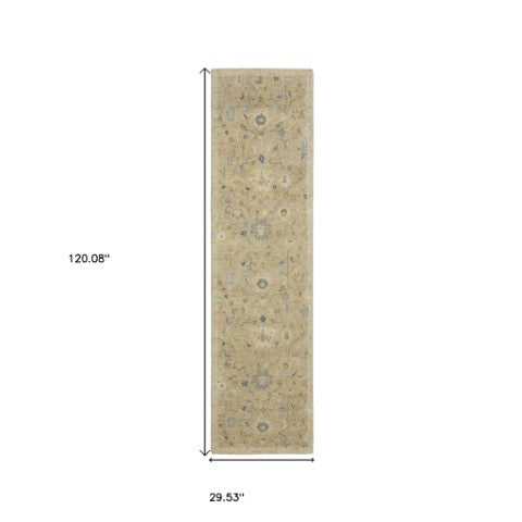 Homeroots 2' Beige Blue And Yellow Hand Knotted Wool Oriental Area Rug With Elegant Fringe For Timeless Decor 10' Runner Wool 575897