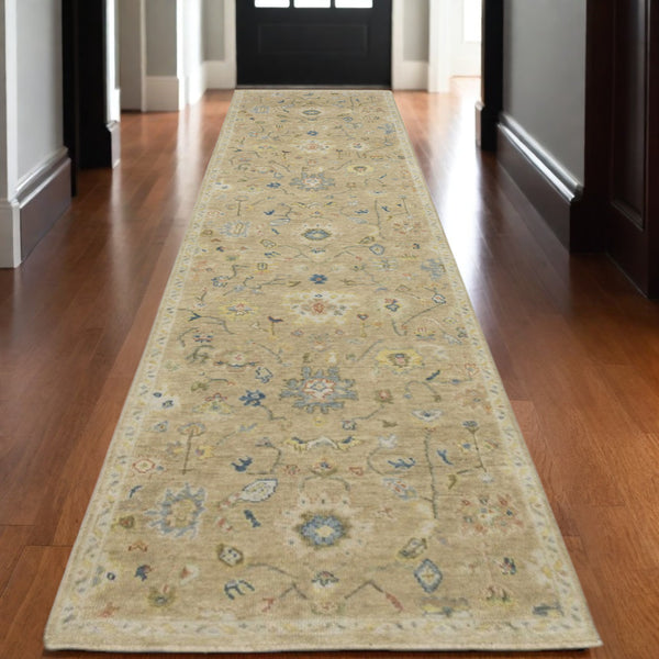 Homeroots 2' Beige Blue And Yellow Hand Knotted Wool Oriental Area Rug With Elegant Fringe For Timeless Decor 10' Runner Wool 575897