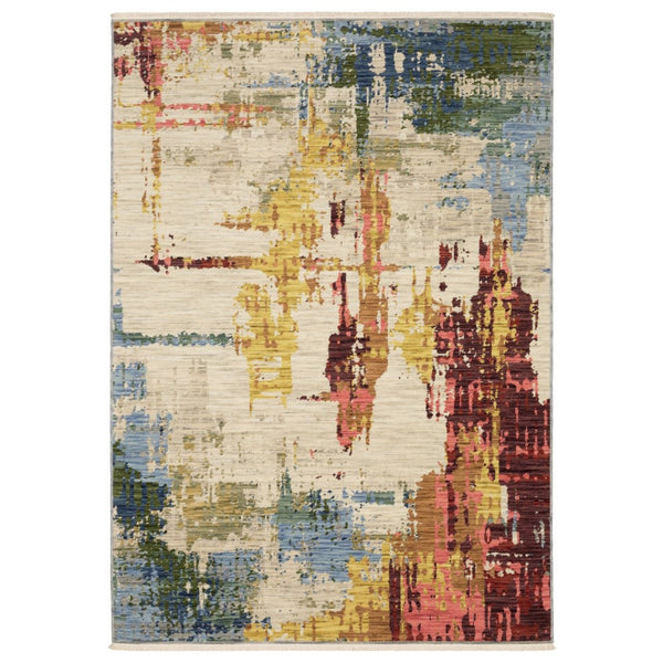 HomeRoots 3' Abstract Area Rug in Warm Beige, Yellow & Orange with Fringed Edges for Modern Home Décor 7' X 10' 575901