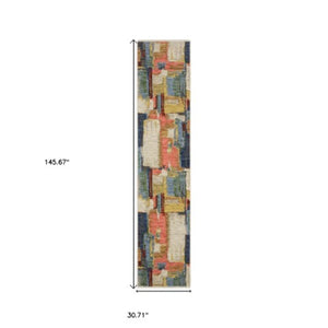 Homeroots 2' Colorful Pink Blue And Yellow Abstract Area Rug With Chic Fringe - Elevate Your Space Instantly! 12' Runner Wool Blend 575902