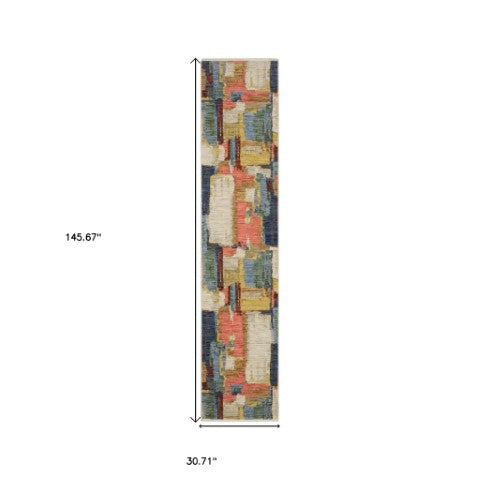 Homeroots 2' Colorful Pink Blue And Yellow Abstract Area Rug With Chic Fringe - Elevate Your Space Instantly! 12' Runner Wool Blend 575902