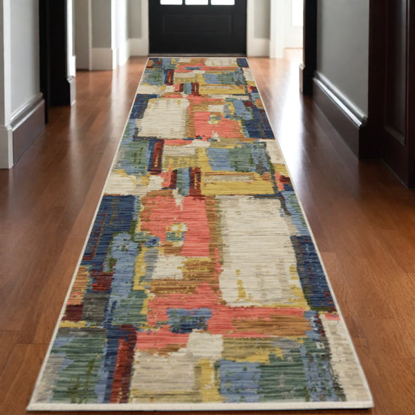 Homeroots 2' Colorful Pink Blue And Yellow Abstract Area Rug With Chic Fringe - Elevate Your Space Instantly! 12' Runner Wool Blend 575902