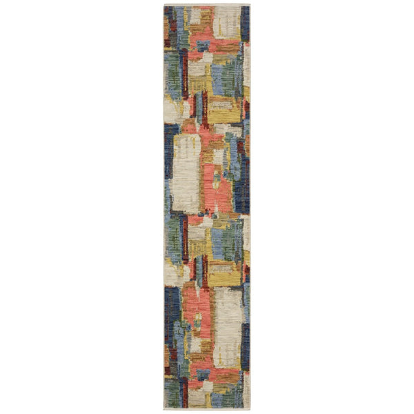 HomeRoots 3' Elegant Abstract Area Rug in Beige, Yellow, and Pink with Fringe for Modern Spaces and Comfort 12' Runner 575902