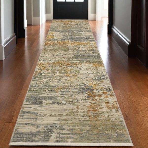 HomeRoots 3' Elevate Your Home Aesthetic with a Beige and Gold Abstract Area Rug Featuring Elegant Fringe 12' Runner 575904