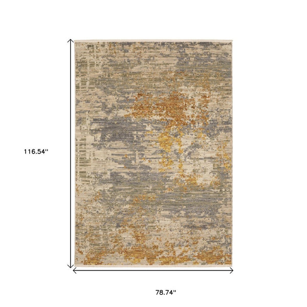 HomeRoots 3' Elevate Your Home Aesthetic with a Beige and Gold Abstract Area Rug Featuring Elegant Fringe 7' X 10' 575905