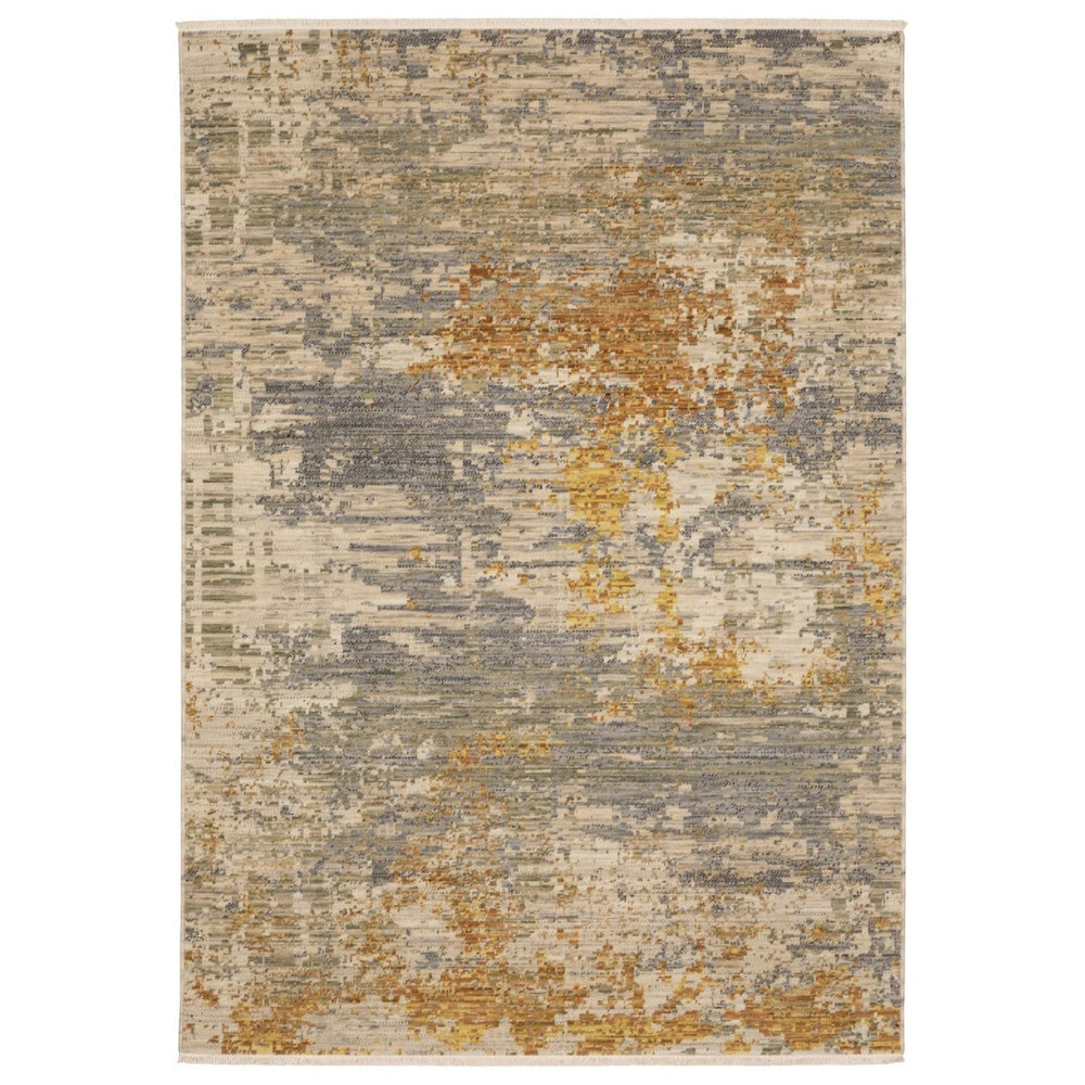HomeRoots 3' Elevate Your Home Aesthetic with a Beige and Gold Abstract Area Rug Featuring Elegant Fringe 7' X 10' 575905