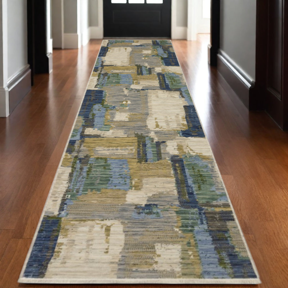 Homeroots 2' Blue Abstract Area Rug With Fringe - Stylish Design For Comfort And Warmth In Any Space 12' Runner Wool Blend 575908