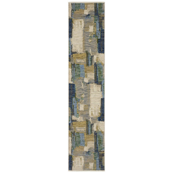 HomeRoots 5' Blue and Green Abstract Area Rug with Fringed Edges - Modern Soft Wool-Blend for Cozy Spaces 12' Runner 575908