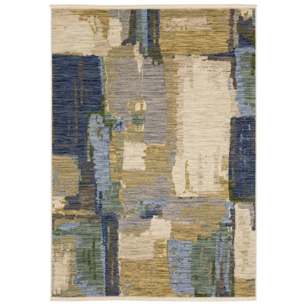 HomeRoots 5' Blue and Green Abstract Area Rug with Fringed Edges - Modern Soft Wool-Blend for Cozy Spaces 7' X 10' 575909