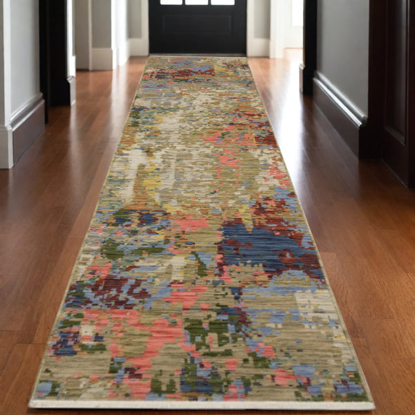 Homeroots 2' Beige Red And Blue Abstract Area Rug With Fringe - Add Warmth And Style To Your Living Space 12' Runner Wool Blend 575910