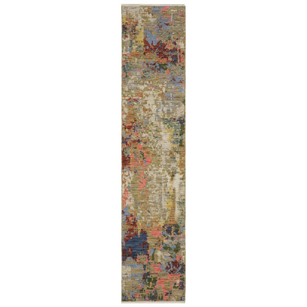 Homeroots 2' Beige Red And Blue Abstract Area Rug With Fringe - Add Warmth And Style To Your Living Space 12' Runner Wool Blend 575910