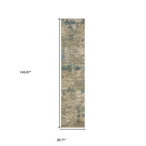 Homeroots 2' Stylish Beige And Blue Abstract Area Rug With Fringe For A Chic And Cozy Home Décor Touch 12' Runner Wool Blend 575912