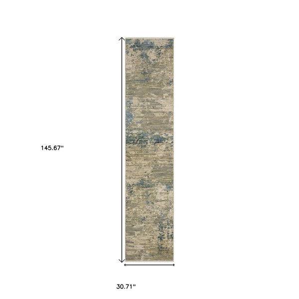 Homeroots 2' Stylish Beige And Blue Abstract Area Rug With Fringe For A Chic And Cozy Home Décor Touch 12' Runner Wool Blend 575912