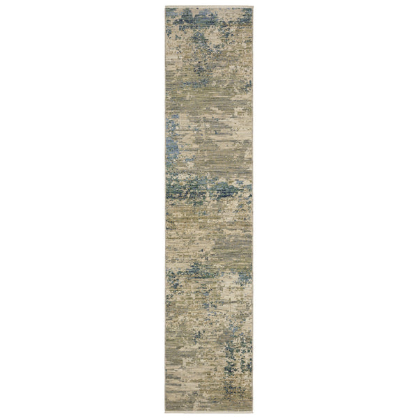 Homeroots 2' Stylish Beige And Blue Abstract Area Rug With Fringe For A Chic And Cozy Home Décor Touch 12' Runner Wool Blend 575912