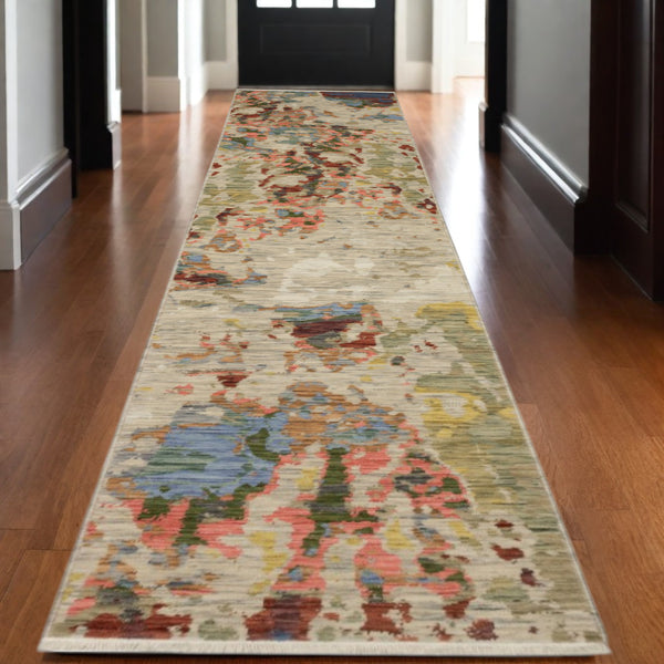 Homeroots 2' Stylish Beige And Red Abstract Area Rug With Fringe - Perfect Accent For Any Room Decor 12' Runner Wool Blend 575916