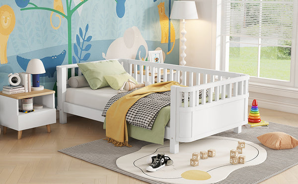 English Elm Twin Solid Pine Platform Bed with Guardrail for Kids — Low Profile White Twin Bed, Durable 250lb Capacity W2593P296772