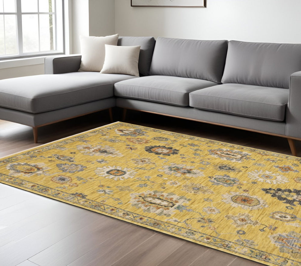 HomeRoots 6' Elegant Yellow Ivory and Gray Oriental Runner Rug with Timeless Fringed Tassels for Hallways 7' X 10' 575943