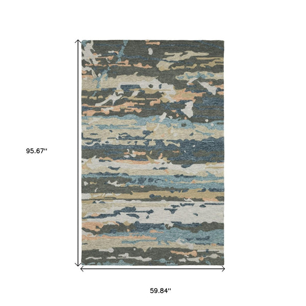 HomeRoots 5' Abstract Gray and Blue Hand-Tufted Wool Area Rug - Soft, Durable, and Perfect for Any Room Decor 5' X 8' 575944