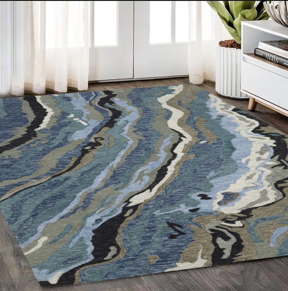 Homeroots 5' Abstract Hand-tufted Area Rug In Blue And Teal - Elevate Your Space With Style And Warmth 5' X 8' Wool 575946
